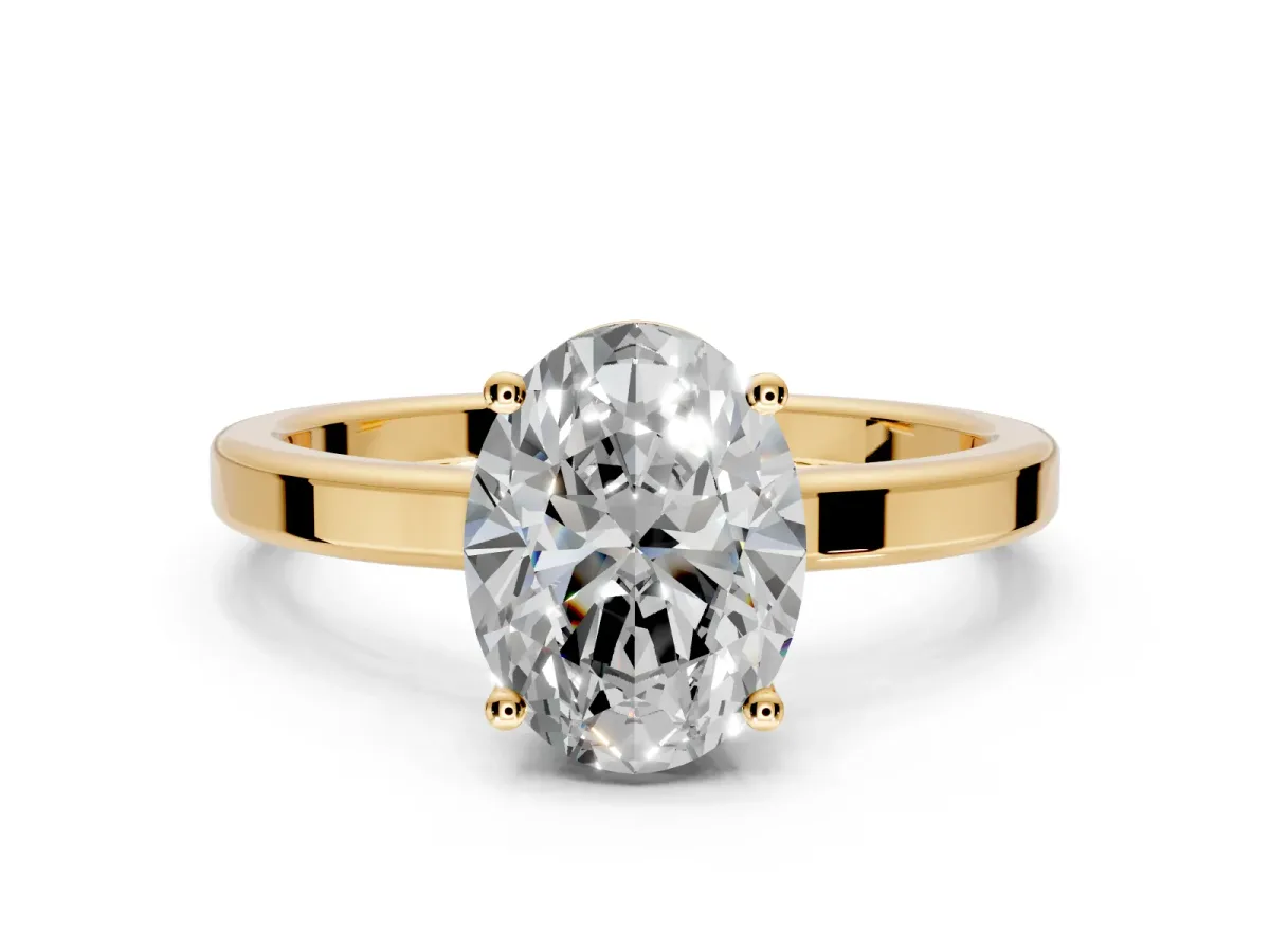Hidden Halo Engagement Ring Setting for Oval Center with Wide Flat Plain Band and Prong Head in Yellow Gold