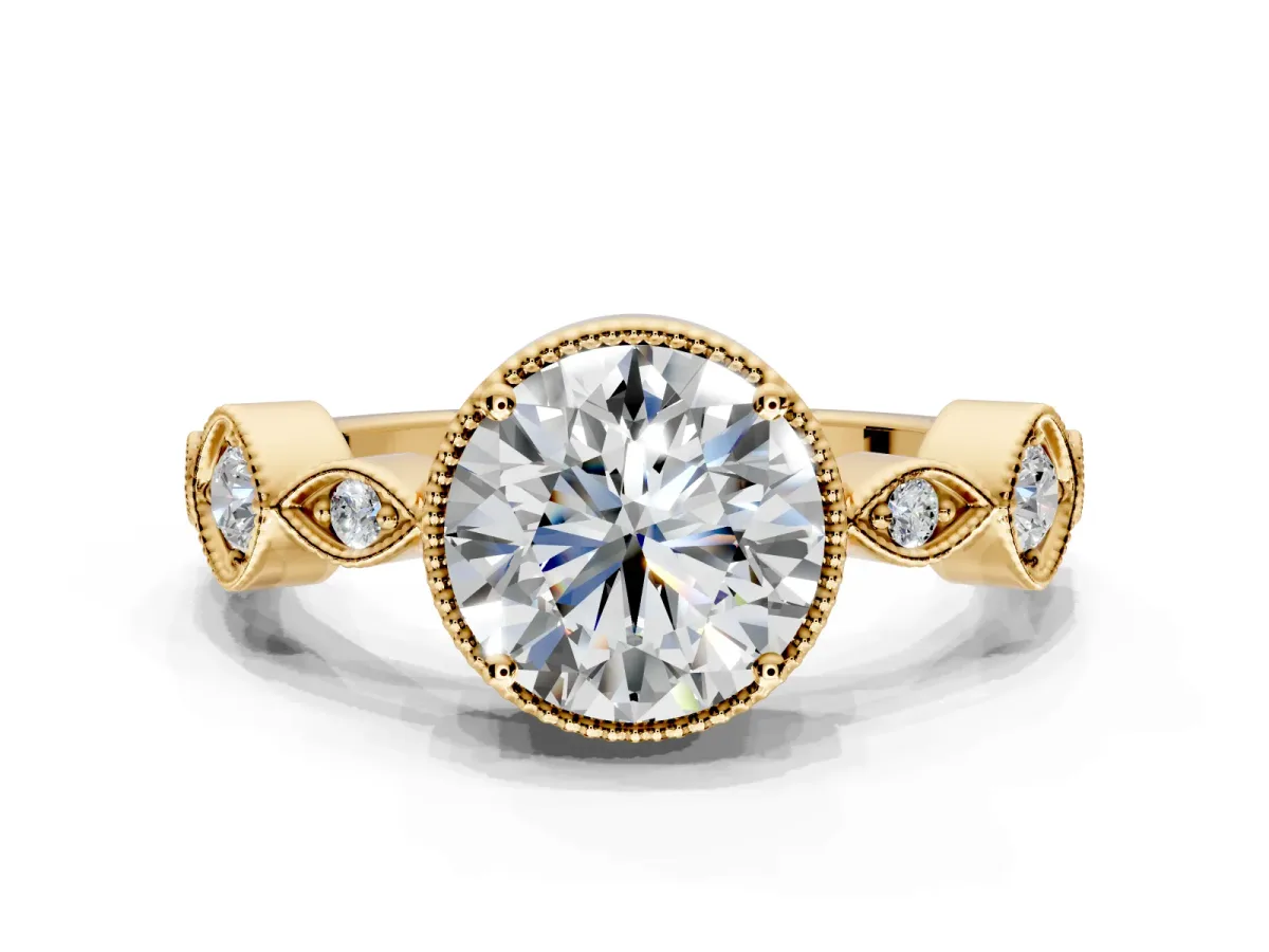 Vintage Station Engagement Ring Setting for Round Cut Center with Accents and Prong Head in Yellow Gold