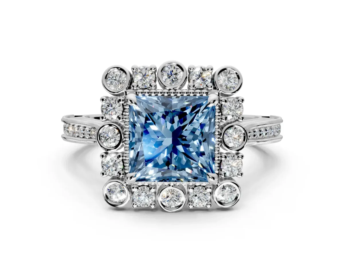 Milgrain Halo Engagement Ring Setting for Fancy Blue Princess Cut Center with Bezel Point Accents and Prong Head in Sterling Silver