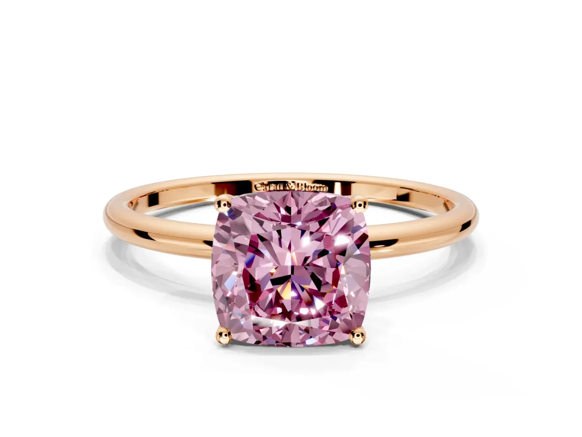 Solitaire Engagement Ring Setting for Fancy Pink Cushion Cut Center with Straight Thin Band and Prong Head in Rose Gold