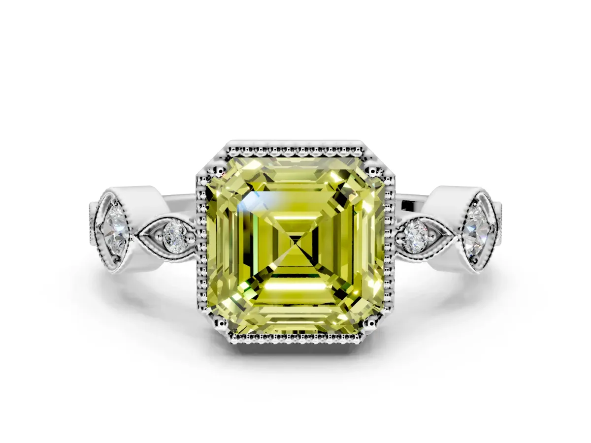 Vintage Station Engagement Ring Setting for Fancy Yellow Asscher Cut Center with Accents and Prong Head in Platinum