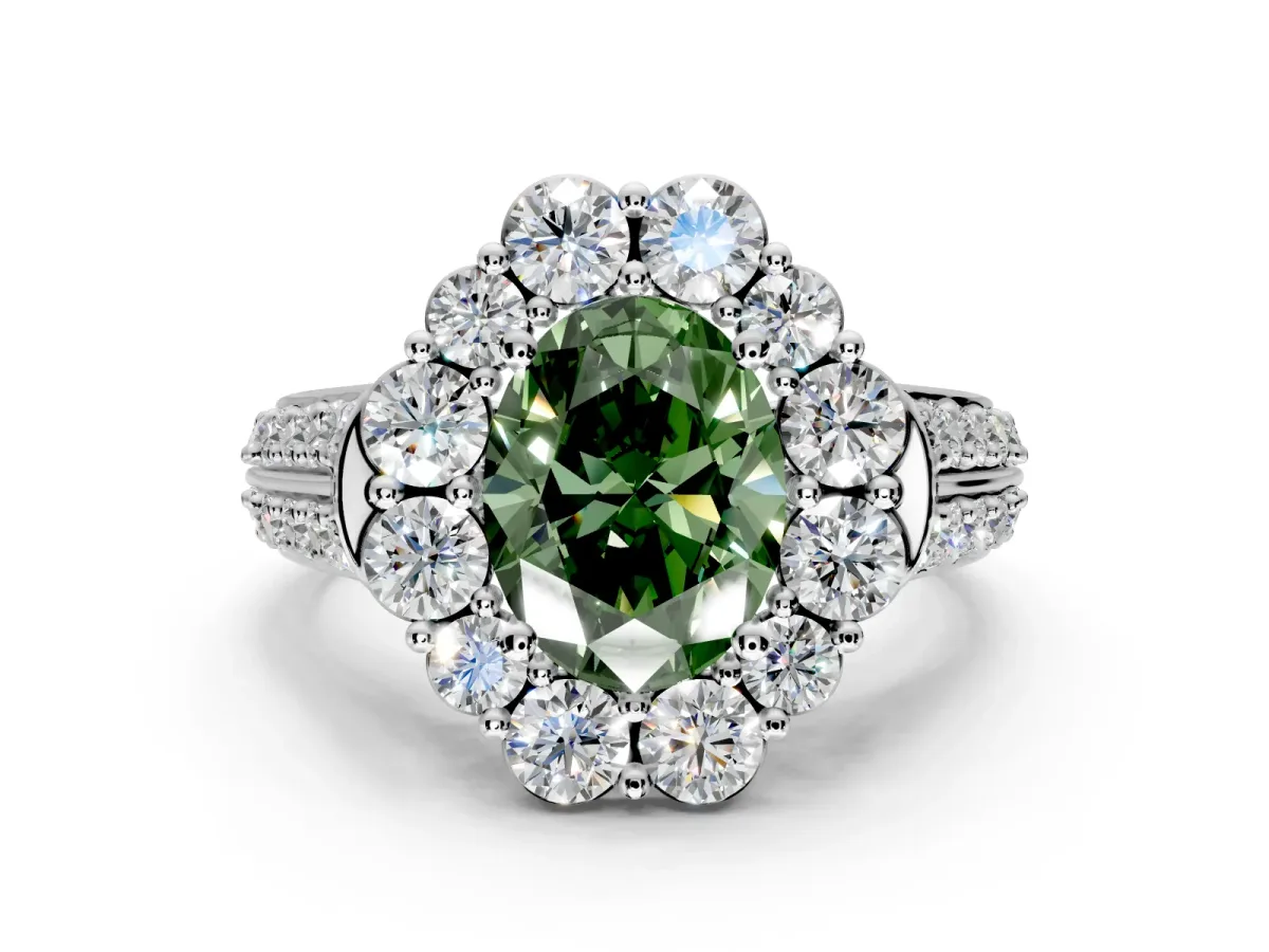 Large Accent Halo Engagement Ring Setting for Fancy Green Oval Center with Pave Split Shank and Prong Head in Sterling Silver