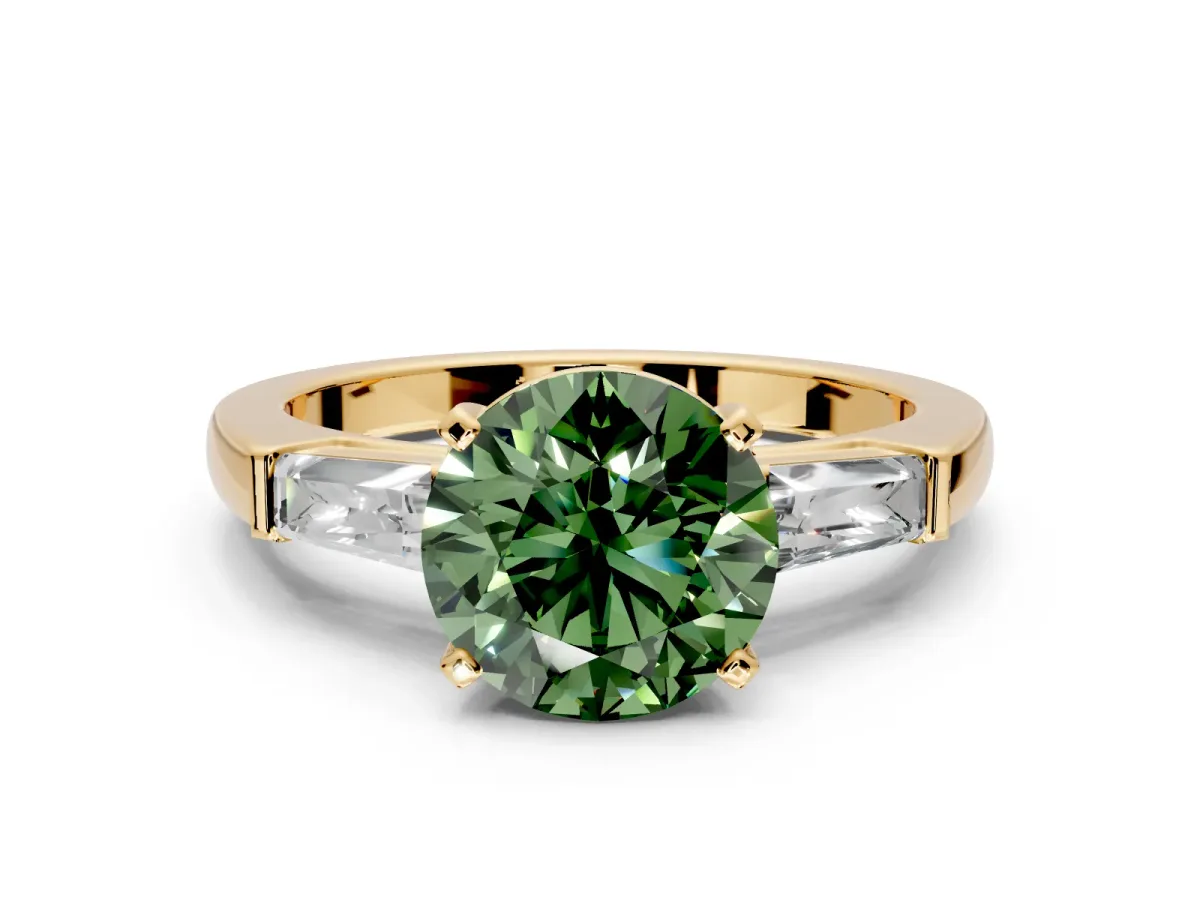 3 Stone Engagement Ring Setting for Fancy Green Round Cut Center with Tapered Baguettes, Plain Band and Prong Head in Yellow Gold