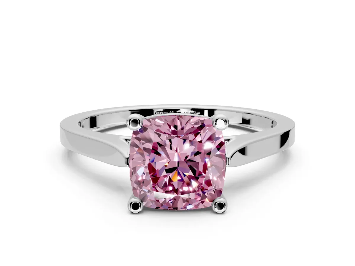 Solitaire Engagement Ring Setting for Fancy Pink Cushion Cut Center with Tapered Shoulders and Prong Head in Platinum