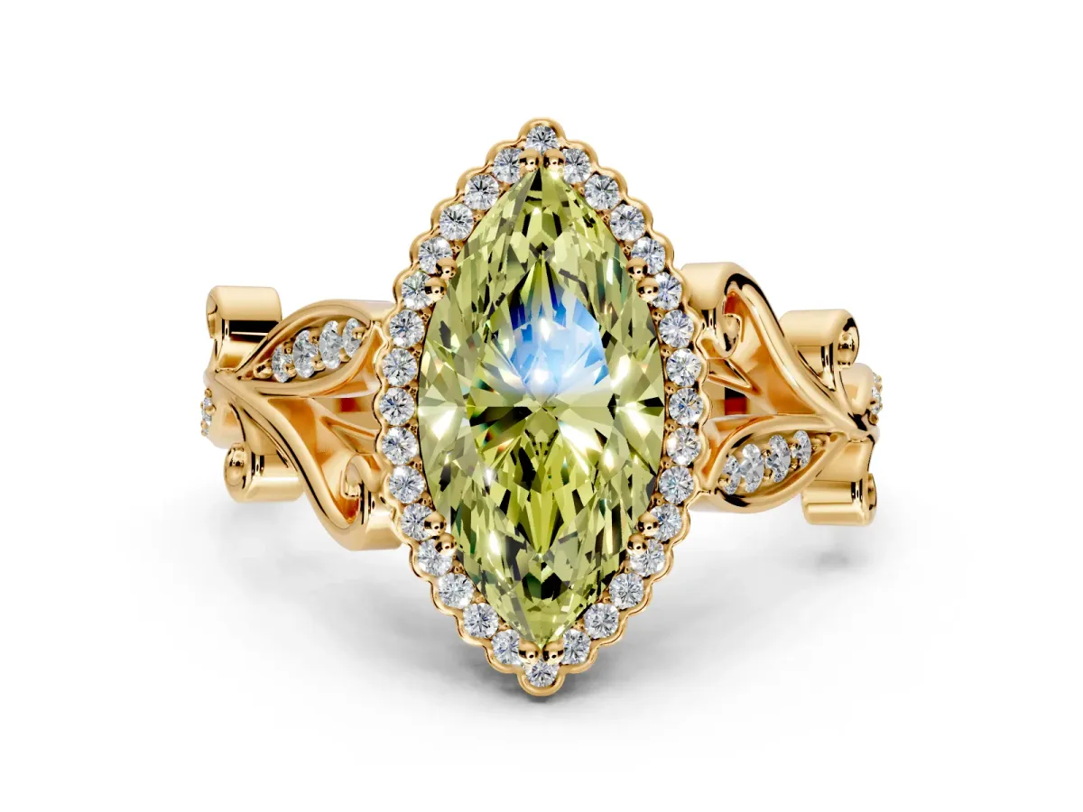 Halo Engagement Ring Setting for Fancy Yellow Marquise Center with Leaf Motif Split Shank and Prong Head in Yellow Gold