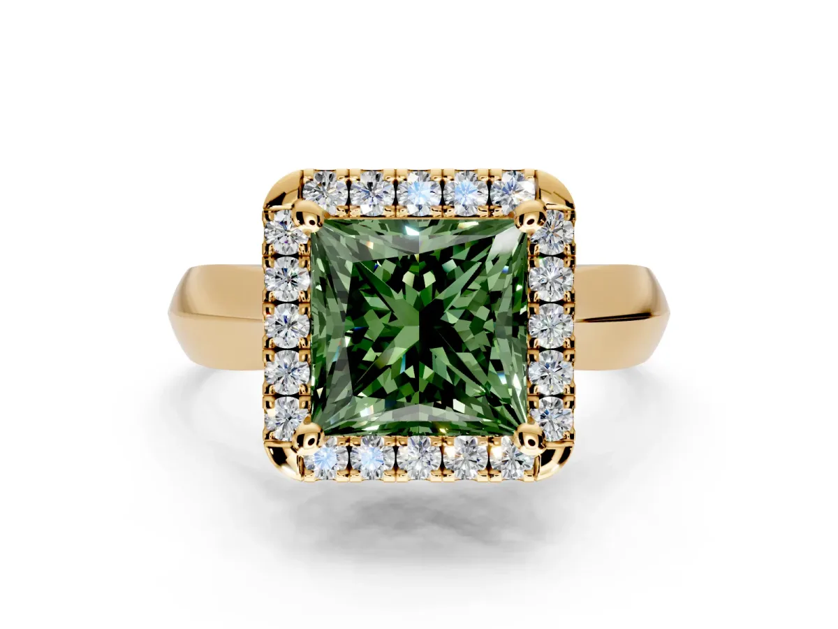 Halo Engagement Ring Setting for Fancy Green Princess Cut Center with Square Band and Prong Head in Yellow Gold