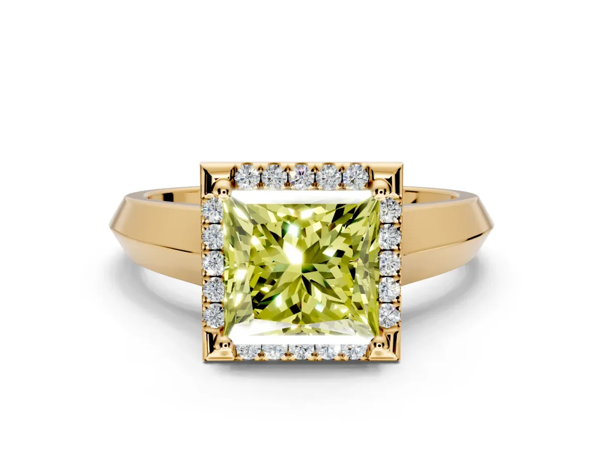 Halo Engagement Ring Setting for Fancy Yellow Princess Cut Center with Knife Ridge Cathedral Band and Prong Head in Yellow Gold