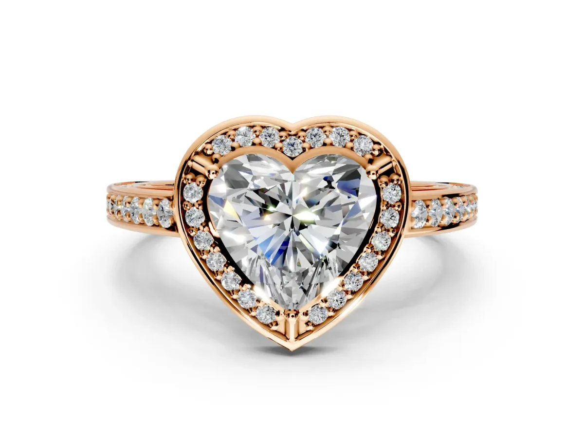 Halo Engagement Ring Setting for Heart-Shaped Center with Framed Halo, Pave Band and Prong Head in Rose Gold