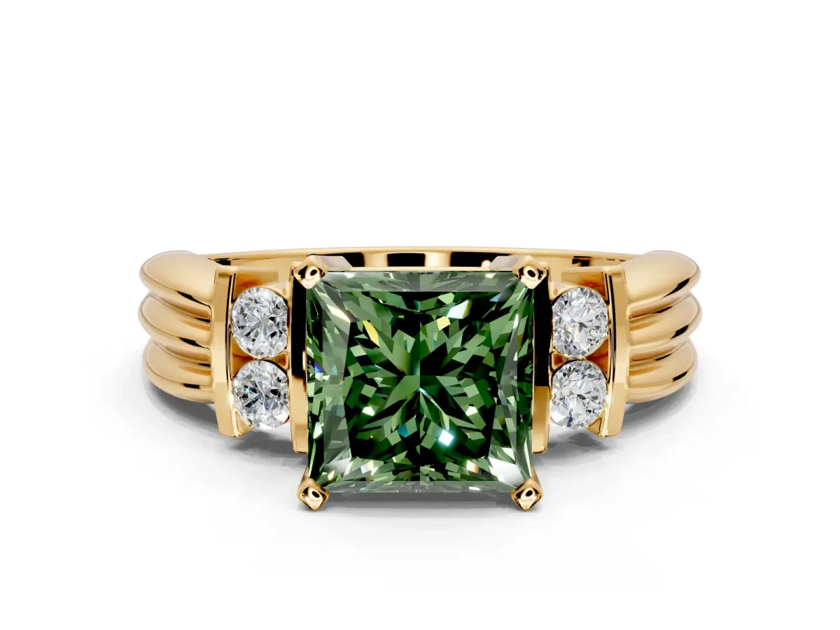 Solitaire Engagement Ring Setting for Fancy Green Princess Cut Center with Grooved Bar Accent Band and Prong Head in Yellow Gold
