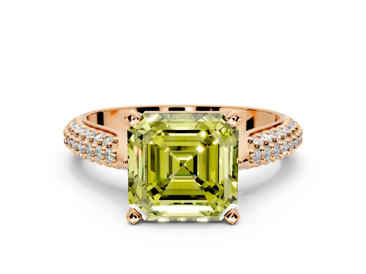 Solitaire Engagement Ring Setting for Fancy Yellow Asscher Cut Center with Multi-Row Accents and Prong Head in Rose Gold