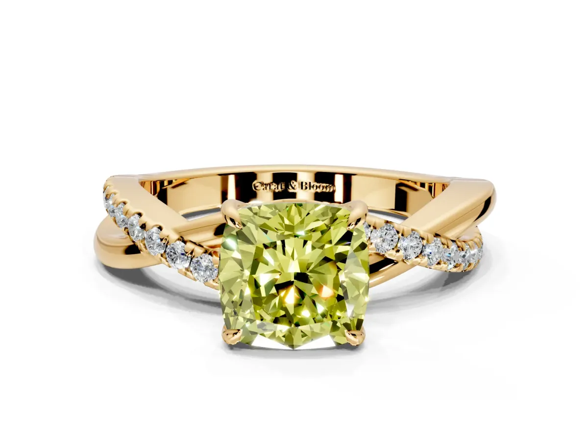 Crossover Engagement Ring Setting for Fancy Yellow Cushion Cut Center with Pave and Plain Strands and Prong Head in Yellow Gold