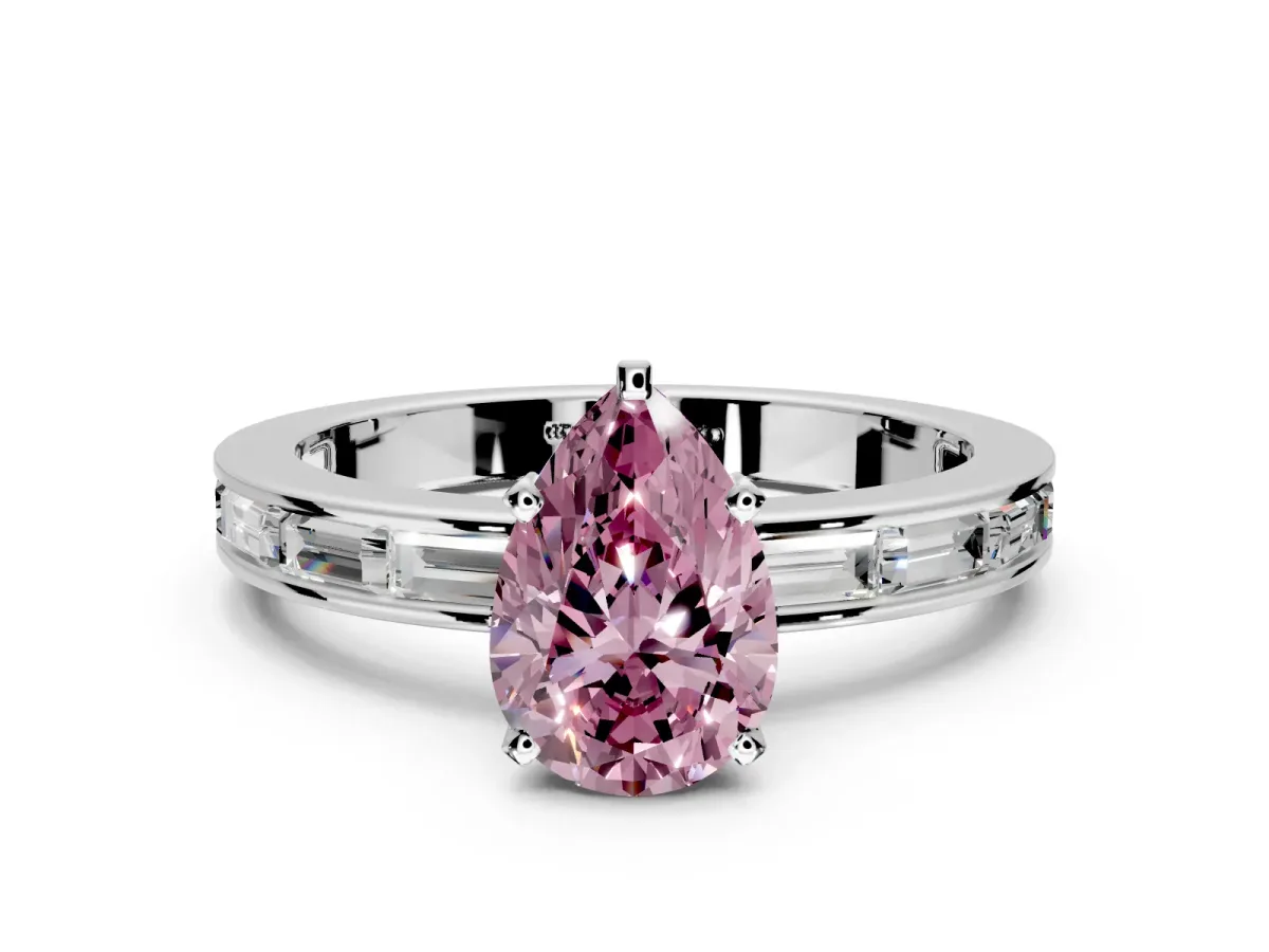 Solitaire Engagement Ring Setting for Fancy Pink Pear-Shaped Center with Channel Baguette Band and Prong Head in Platinum