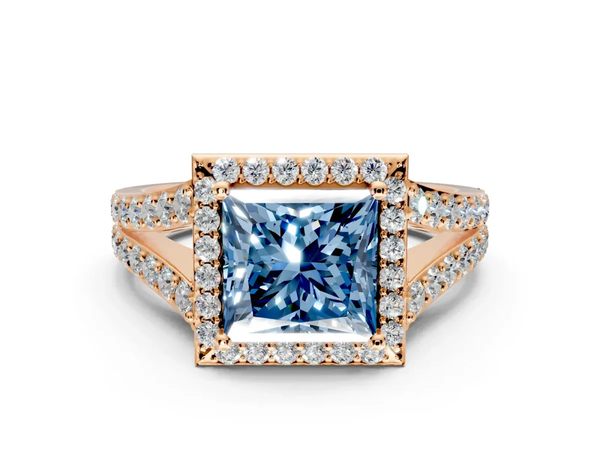 Halo Engagement Ring Setting for Fancy Blue Princess Cut Center with Narrow Pave Split Shank and Prong Head in Rose Gold