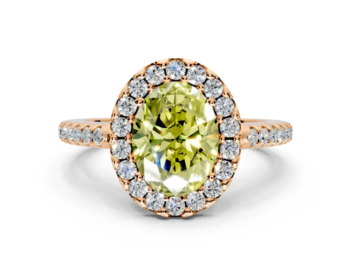 Pave Halo Engagement Ring Setting for Fancy Yellow Oval Center with Single Row Pave Band and Prong Head in Rose Gold