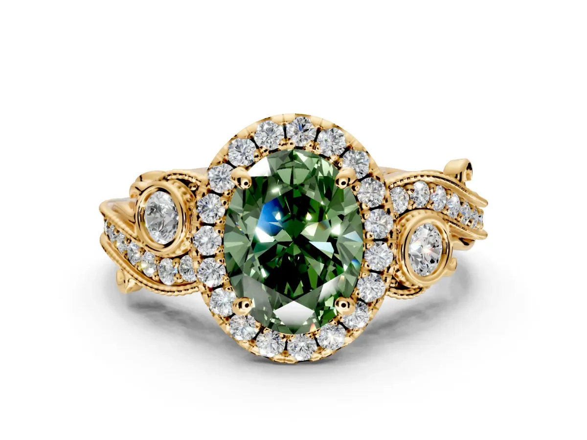 Milgrain Halo Engagement Ring Setting for Fancy Green Oval Center with Shoulder Bezels and Prong Head in Yellow Gold