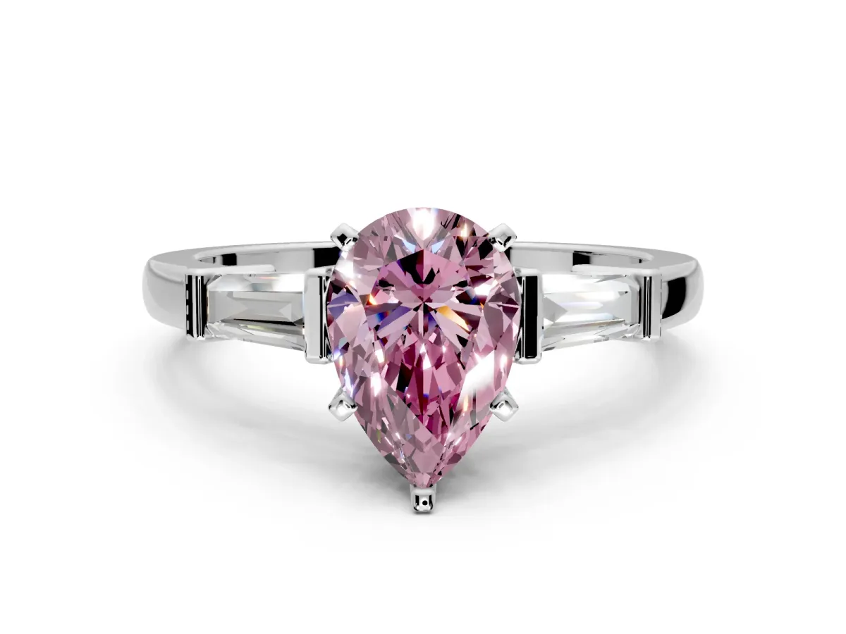 3 Stone Engagement Ring Setting for Fancy Pink Pear-Shaped Center with Channel Baguette Accents and Prong Head in Platinum
