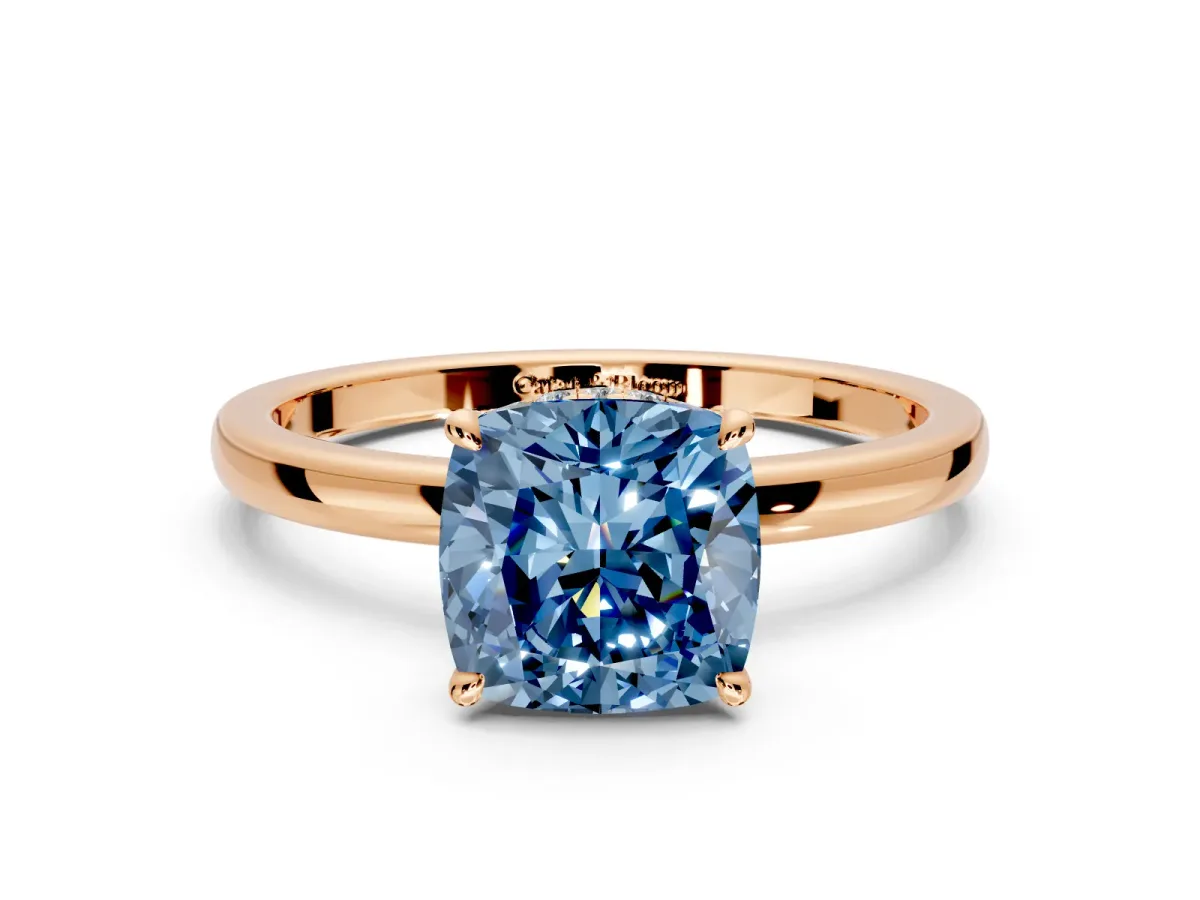 Hidden Halo Engagement Ring Setting for Fancy Blue Cushion Cut Center with Plain Band and Tall Prong Head in Rose Gold