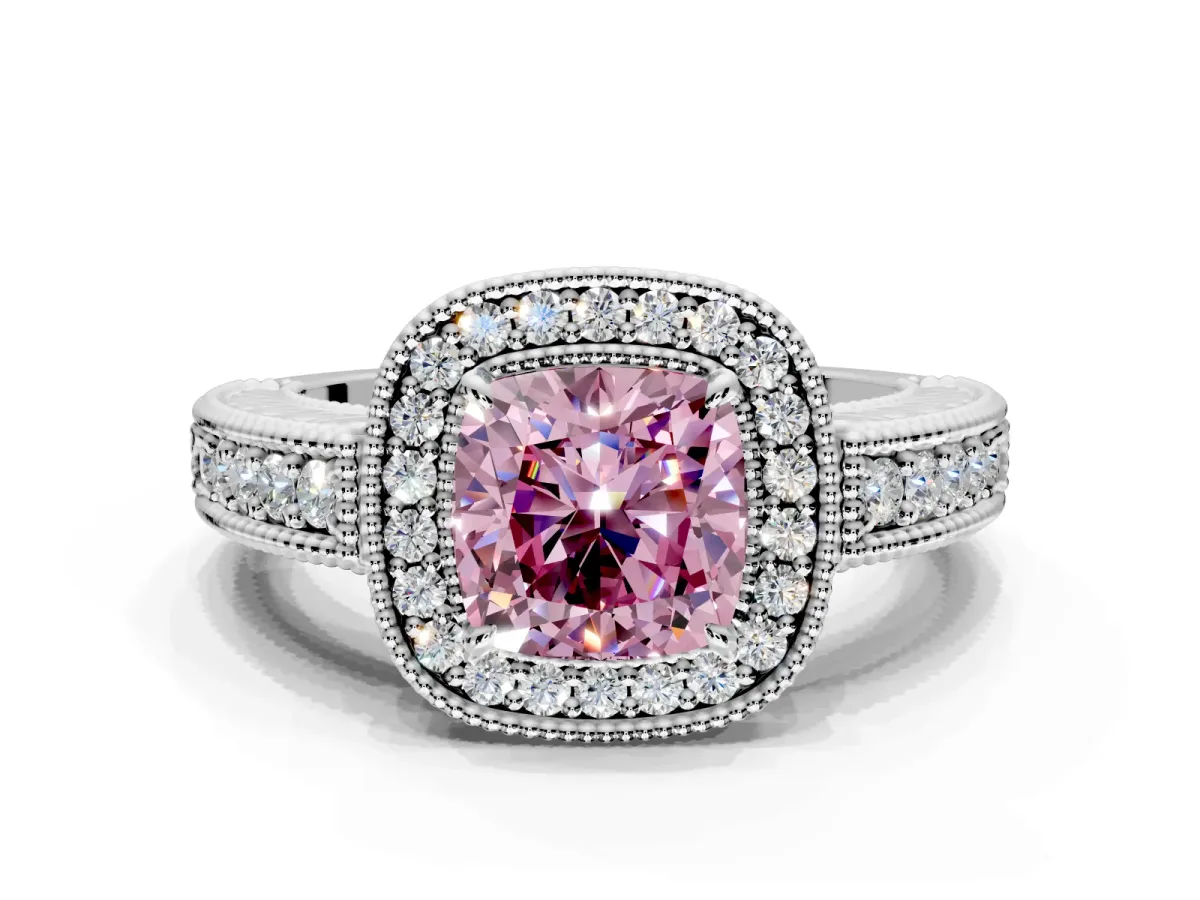 Milgrain Halo Engagement Ring Setting for Fancy Pink Cushion Cut Center with Pave Band and Prong Head in Sterling Silver