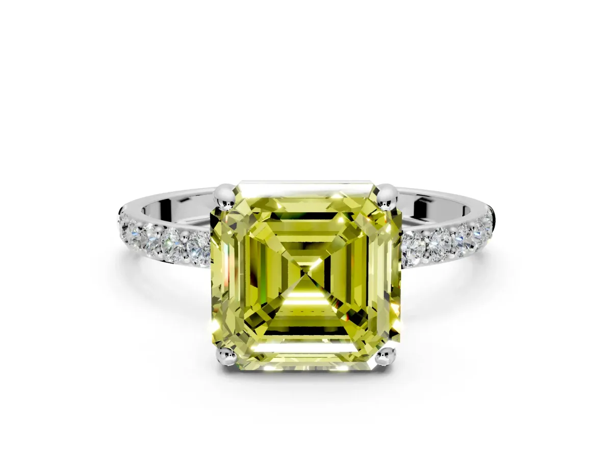 Solitaire Engagement Ring Setting for Fancy Yellow Asscher Cut Center with Pave Accents and Prong Head in Platinum