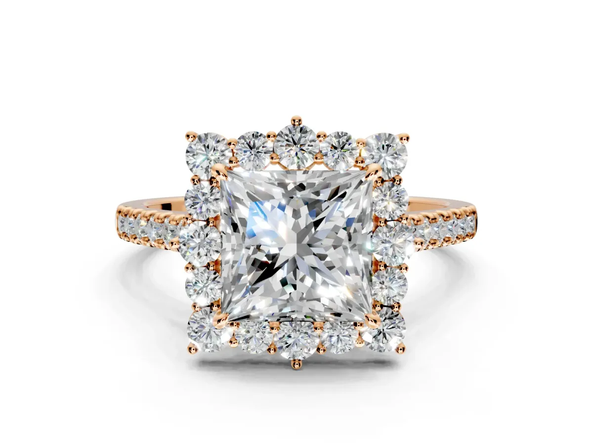 Halo Engagement Ring Setting for Princess Cut Center with Single-Row Pave, Open Basket and Prong Head in Rose Gold