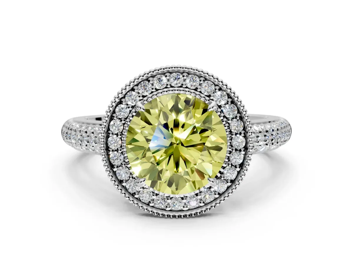 Milgrain Halo Engagement Ring Setting for Fancy Yellow Round Cut Center with Three-Sided Pave Band and Prong Head in White Gold