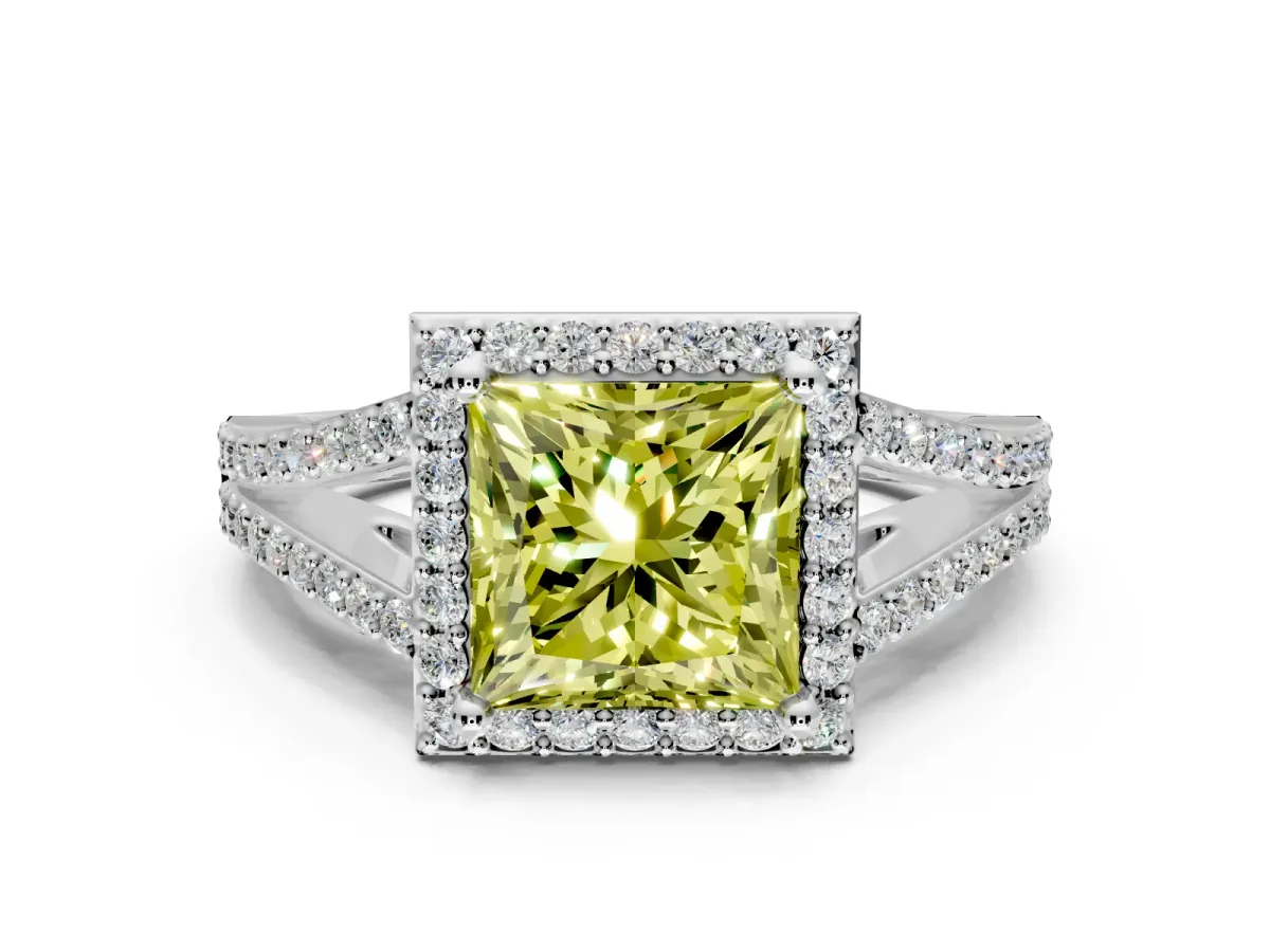Halo Engagement Ring Setting for Fancy Yellow Princess Cut Center with Pave Split Shank and Prong Head in Platinum