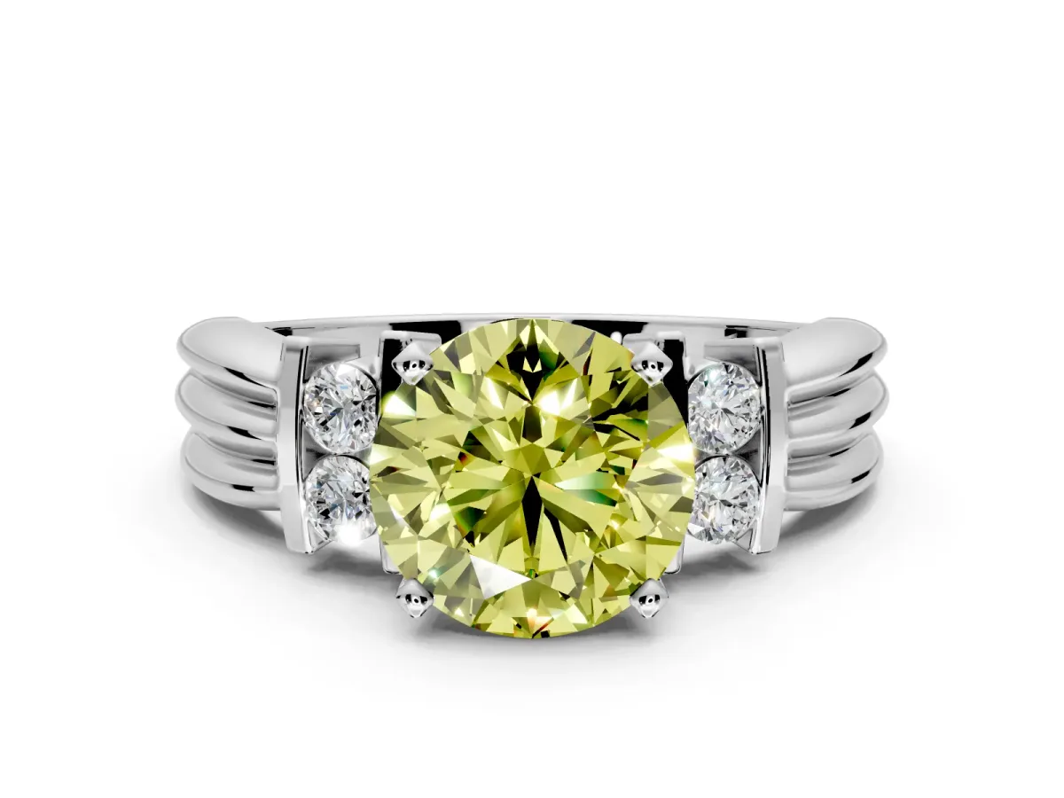 Solitaire Engagement Ring Setting for Fancy Yellow Round Cut Center with Grooved Bar Accent Band and Prong Head in White Gold