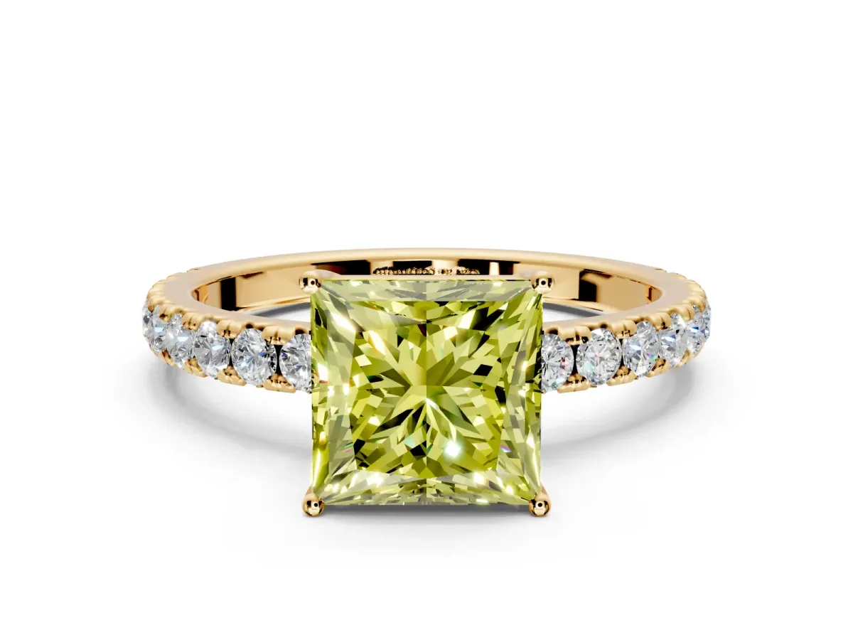 Solitaire Engagement Ring Setting for Fancy Yellow Princess Cut Center with Large Accent Band and Prong Head in Yellow Gold