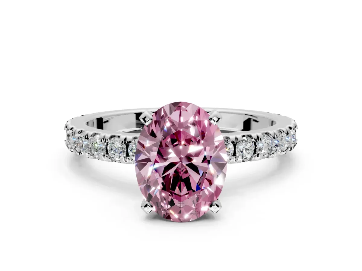 Solitaire Engagement Ring Setting for Fancy Pink Oval Center with Fine Pave Band and Claw Prong Head in Sterling Silver