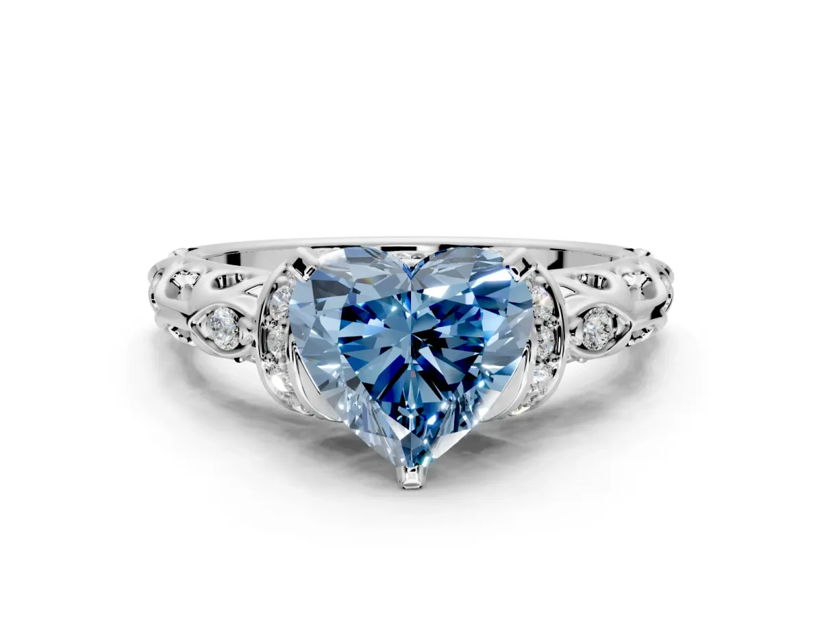 Solitaire Engagement Ring Setting for Fancy Blue Heart-Shaped Center with Filigree Band and Prong Head in Sterling Silver