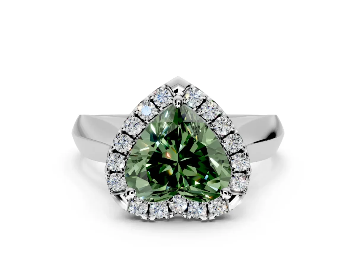 Halo Engagement Ring Setting for Fancy Green Heart-Shaped Center with Square Band and Prong Head in Sterling Silver