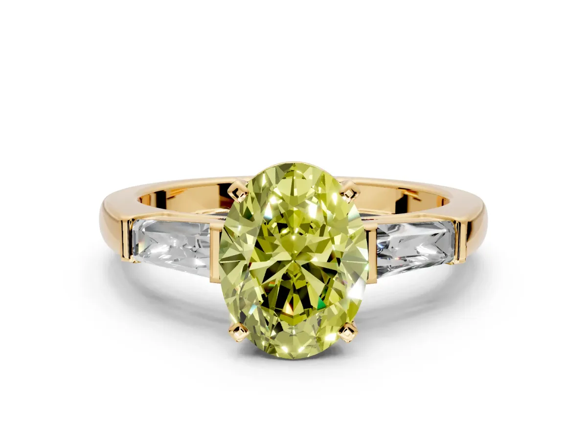 3 Stone Engagement Ring Setting for Fancy Yellow Oval Center with Tapered Baguettes, Plain Band and Prong Head in Yellow Gold