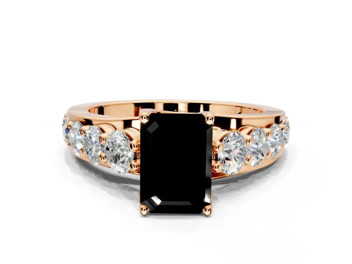 Solitaire Engagement Ring Setting for Fancy Black Emerald Cut Center with Graduated Shared Prongs and Prong Head in Rose Gold