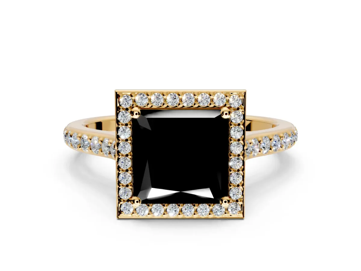 Halo Engagement Ring Setting for Fancy Black Princess Cut Center with Pave Accents, Heart Basket and Prong Head in Yellow Gold
