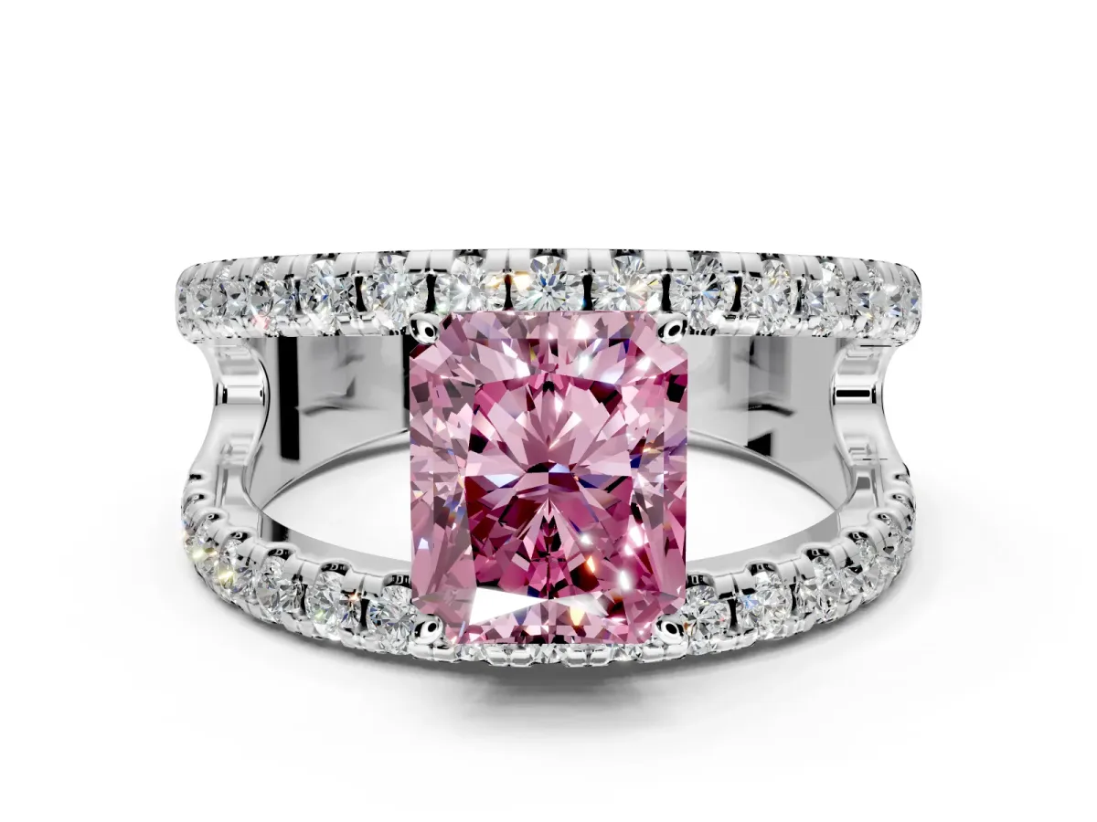 Solitaire Engagement Ring Setting for Fancy Pink Radiant Cut Center with Wide-Open Split Shank and Prong Head in Platinum