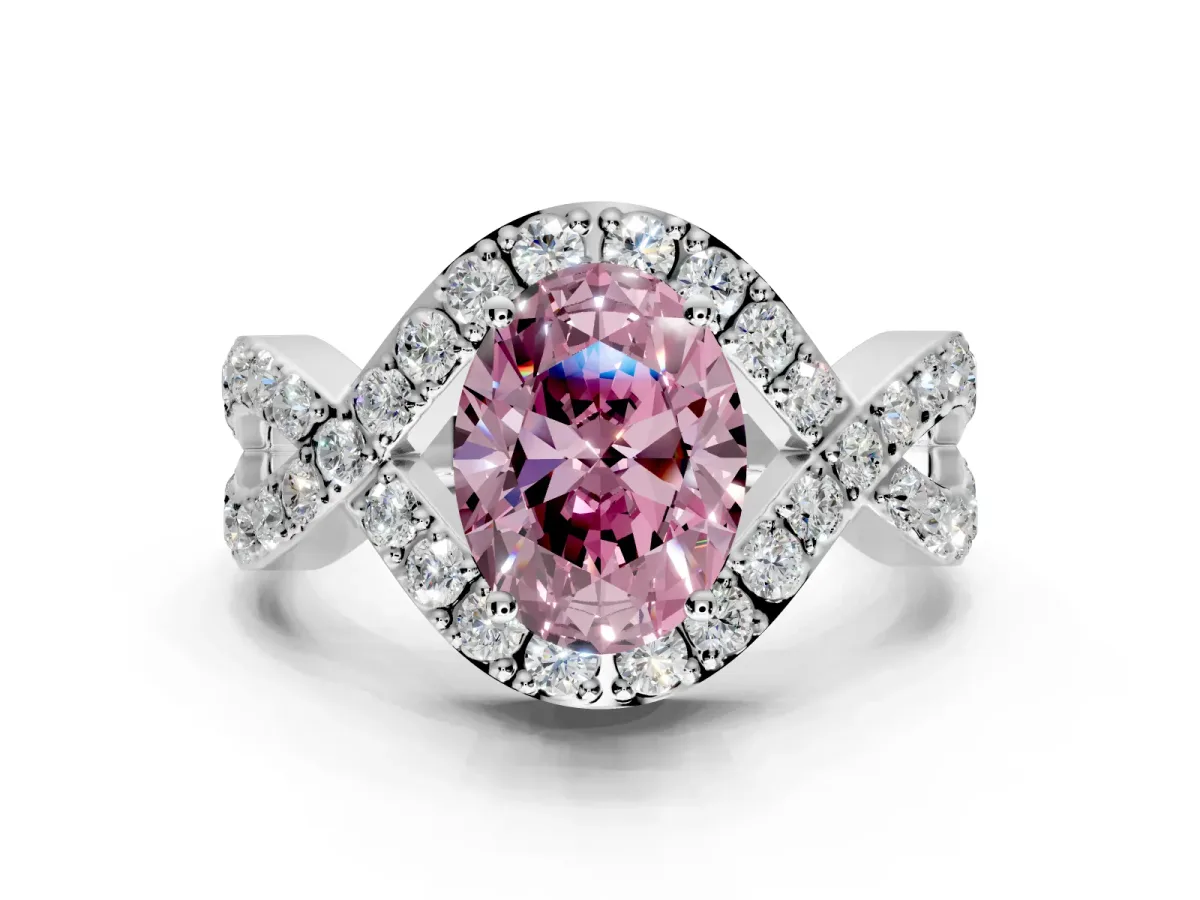 Halo Engagement Ring Setting for Fancy Pink Oval Center with Pave Infinity Twist Band and Prong Head in Platinum