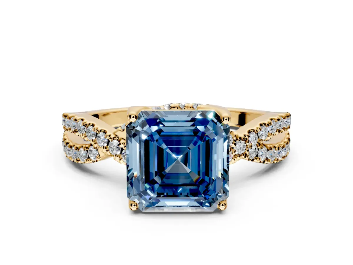 Solitaire Engagement Ring Setting for Fancy Blue Asscher Cut Center with Narrow Twist Pave Band and Prong Head in Yellow Gold