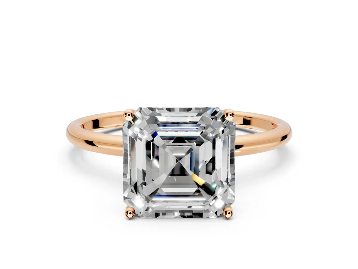 Solitaire Engagement Ring Setting for Asscher Cut Center with Straight Thin Band and Prong Head in Rose Gold