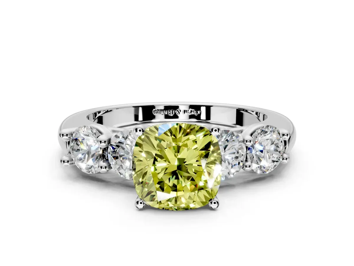 5 Stone Engagement Ring Setting for Fancy Yellow Cushion Cut Center with Graduated Accents and Prong Head in Platinum
