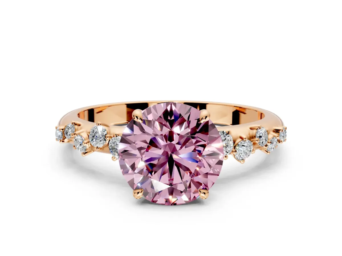 Cluster Engagement Ring Setting for Fancy Pink Round Cut Center with Round Cut Accent Band and Prong Head in Rose Gold