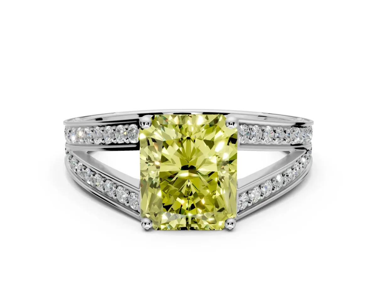 Split Shank Engagement Ring Setting for Fancy Yellow Radiant Cut Center with Pave Split Shank and Prong Head in Sterling Silver