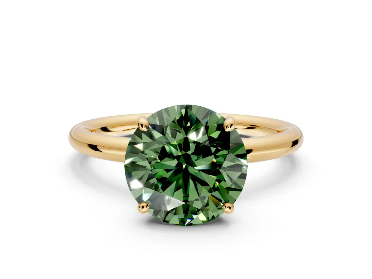 Low-Set Solitaire Engagement Ring Setting for Fancy Green Round Cut Center with Thin Plain Band and Prong Head in Yellow Gold