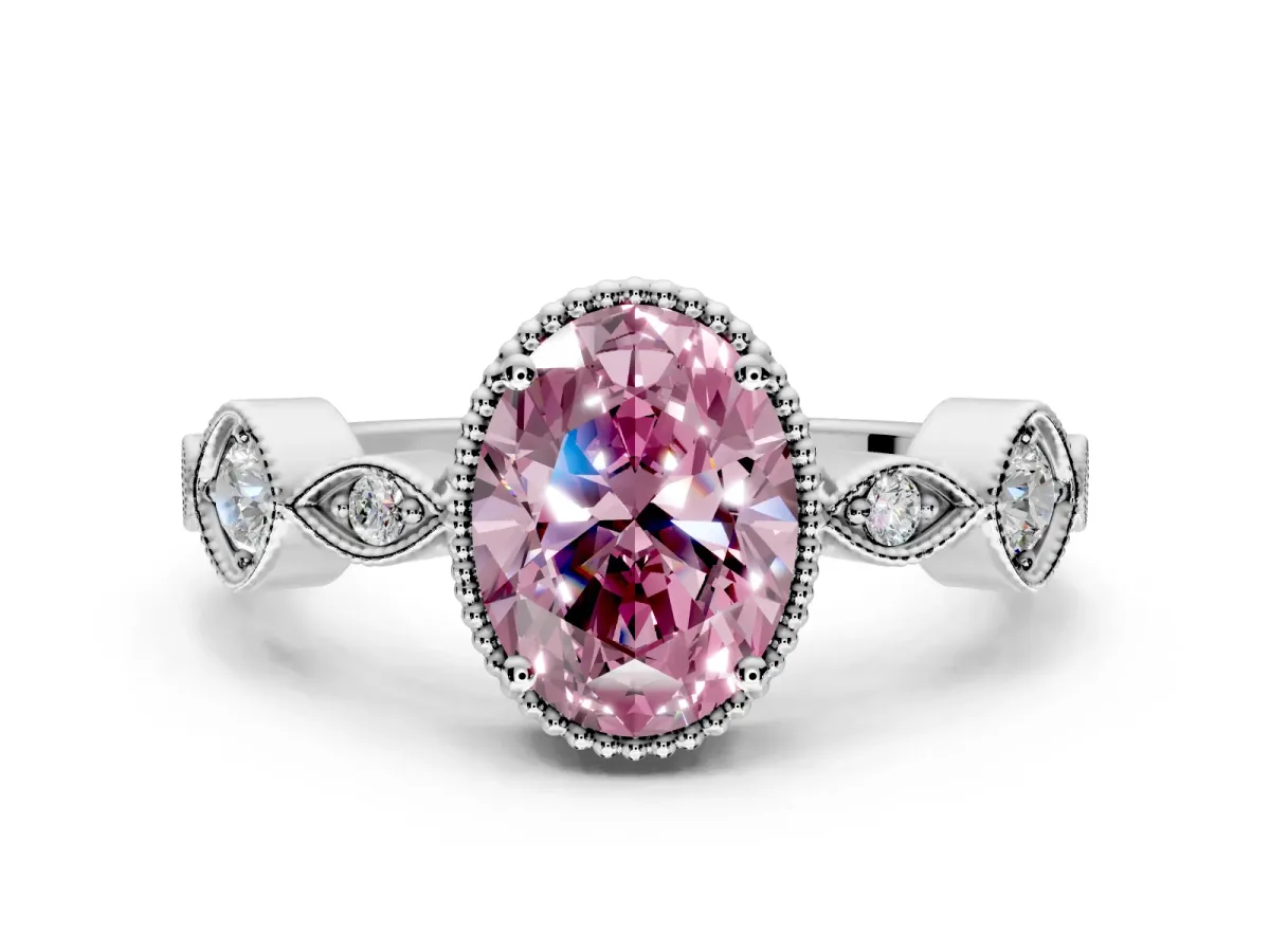 Vintage Station Engagement Ring Setting for Fancy Pink Oval Center with Accents and Prong Head in White Gold
