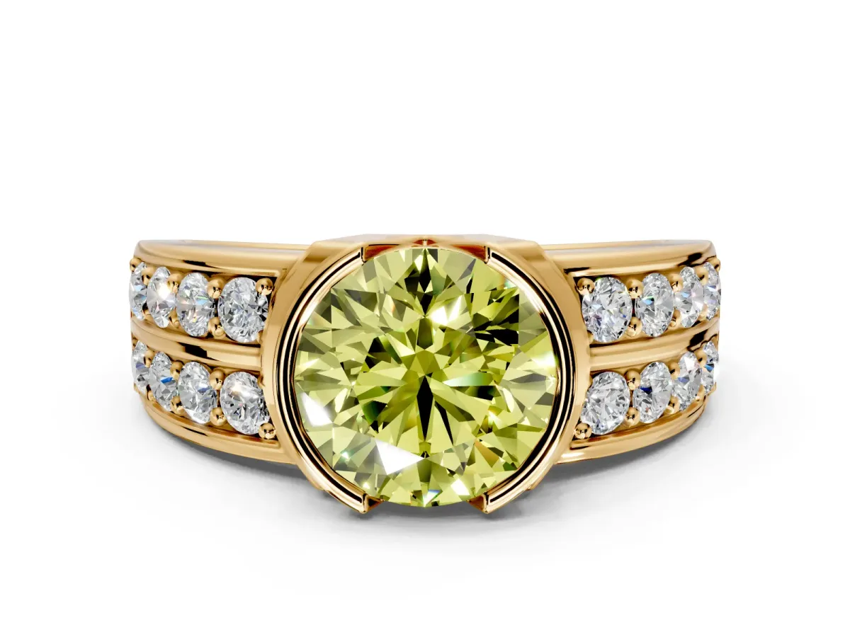 Bezel Engagement Ring Setting for Fancy Yellow Round Cut Center with Wide Channel-Set Band and Bezel Head in Yellow Gold