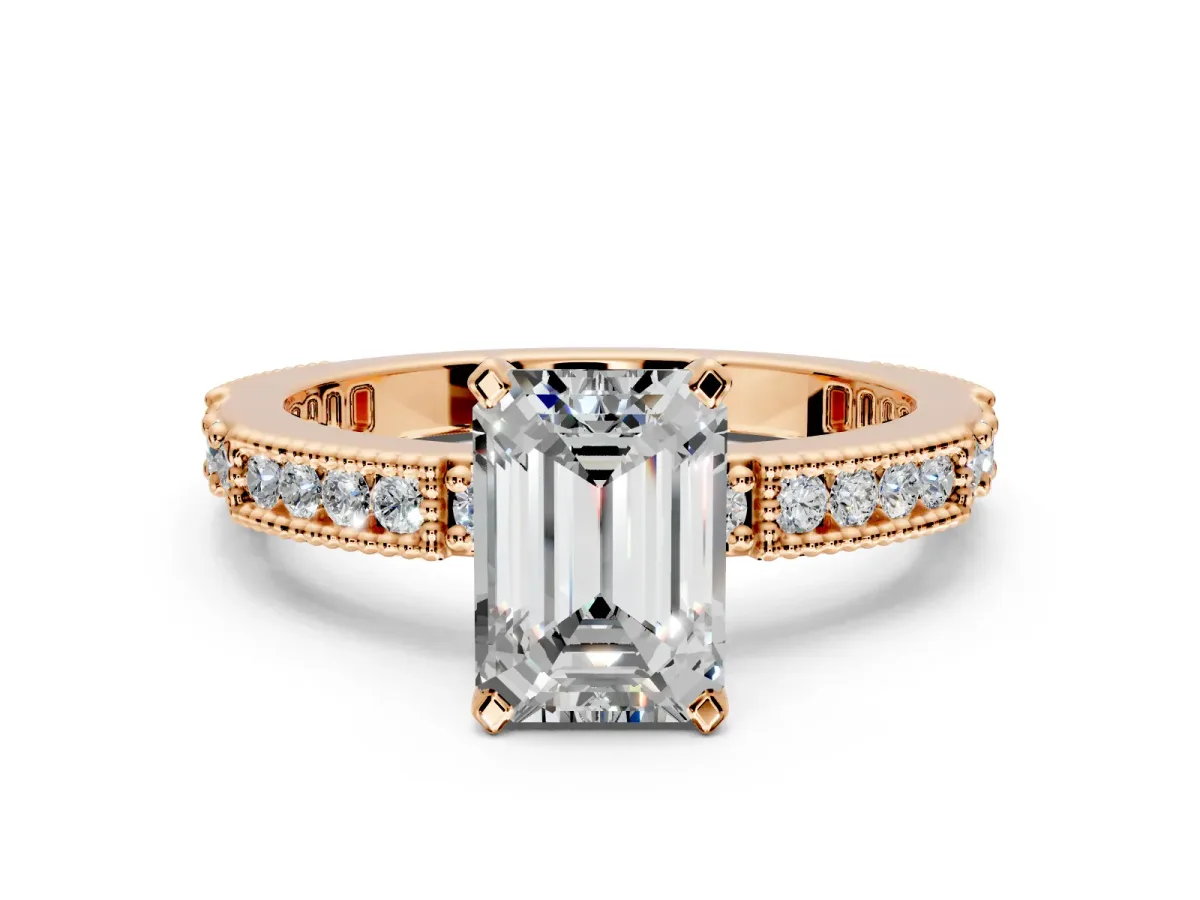Solitaire Engagement Ring Setting for Emerald Cut Center with Milgrain-Edged Pave Band and Prong Head in Rose Gold