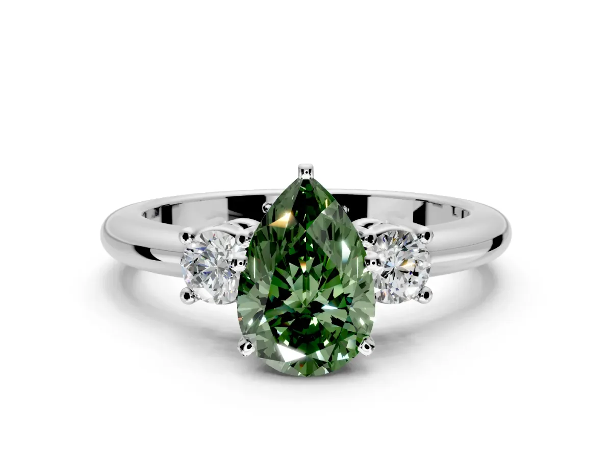 3 Stone Engagement Ring Setting for Fancy Green Pear-Shaped Center with Wide Plain Band and Prong Head in Platinum