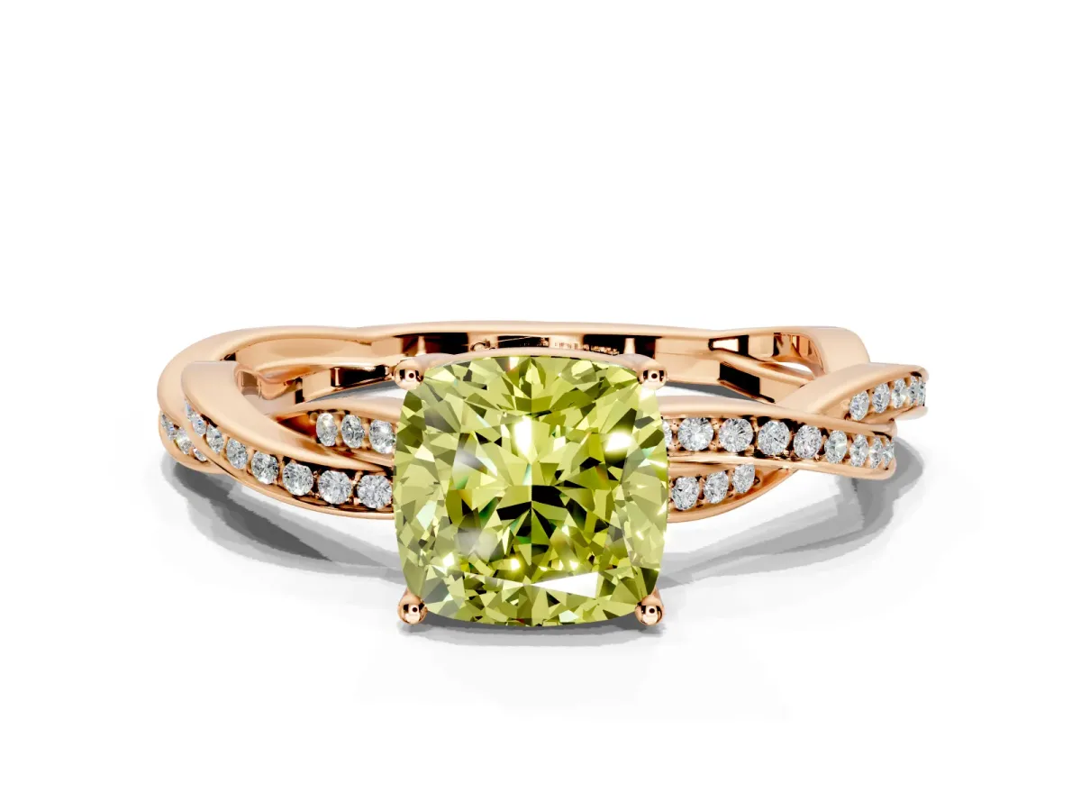 Solitaire Engagement Ring Setting for Fancy Yellow Cushion Cut Center with Twisted Pave Band and Prong Head in Rose Gold