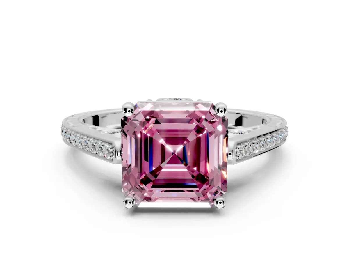Cathedral Engagement Ring Setting for Fancy Pink Asscher Cut Center with Antique-Style Pave Band and Prong Head in White Gold