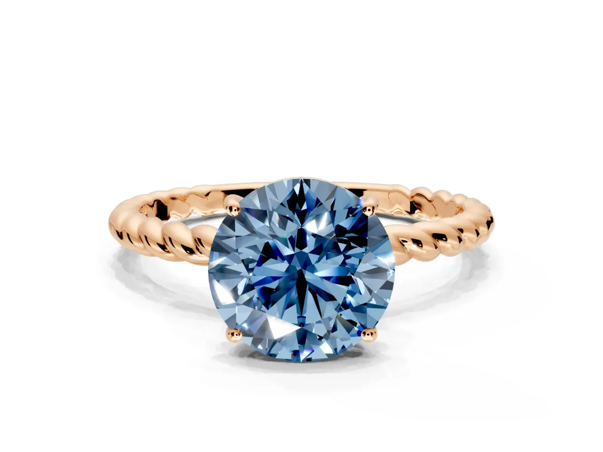 Solitaire Engagement Ring Setting for Fancy Blue Round Cut Center with Plain Twisted Rope Band and Prong Head in Rose Gold