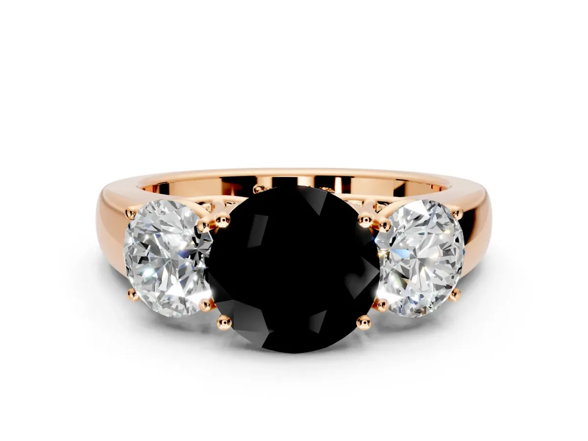 3 Stone Engagement Ring Setting for Fancy Black Round Cut Center with Raised Basket Heads and Prong Head in Rose Gold